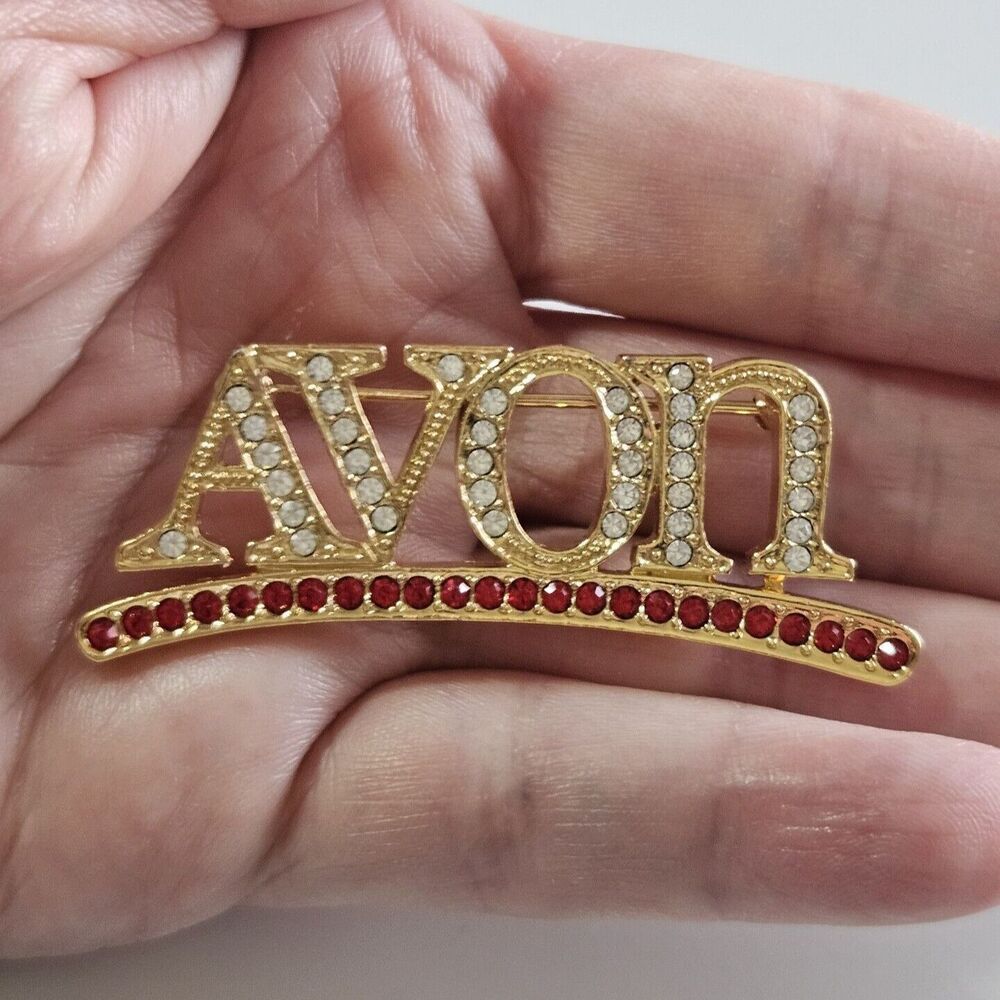 Vintage Avon Word Red Crystal Red Crystal Rhinestone Gold Tone Brooch